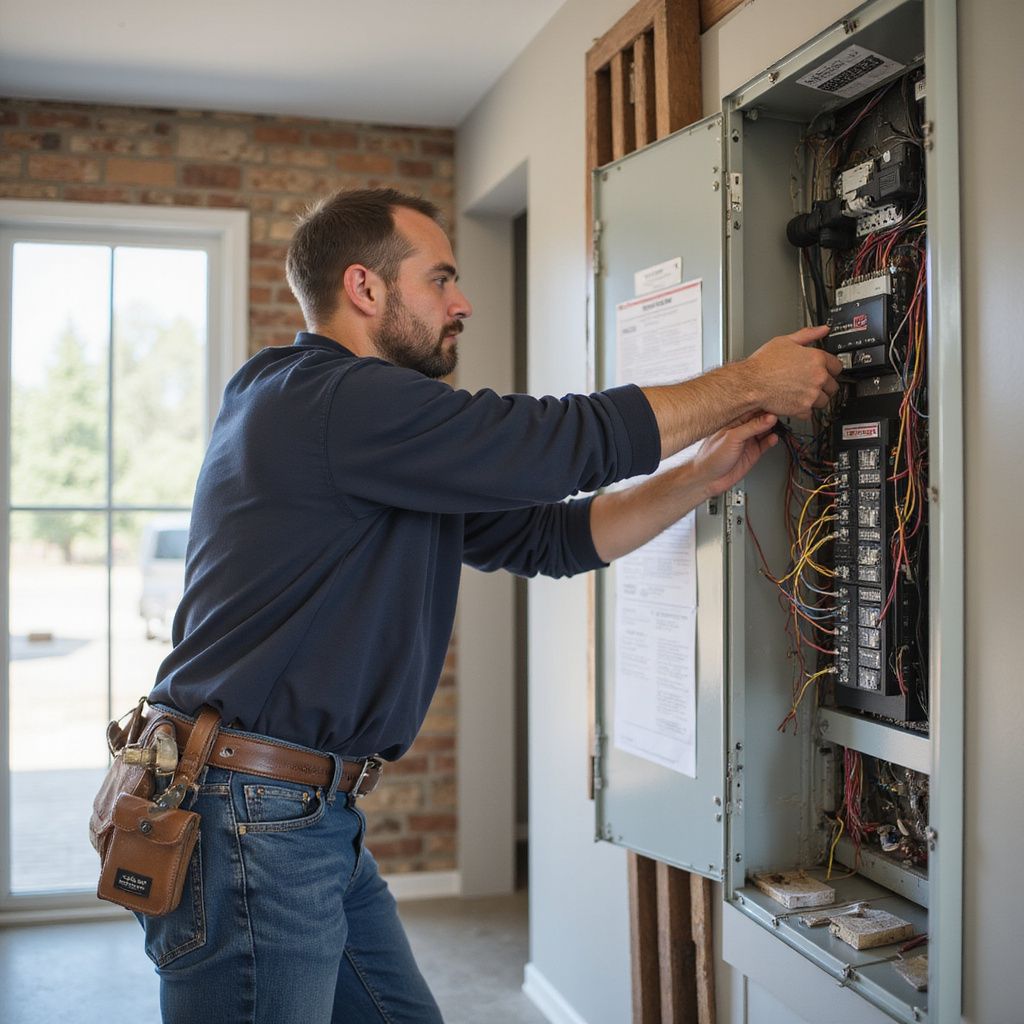 Een elektricien werkt aan een elektrisch paneel in een woonhuis.
