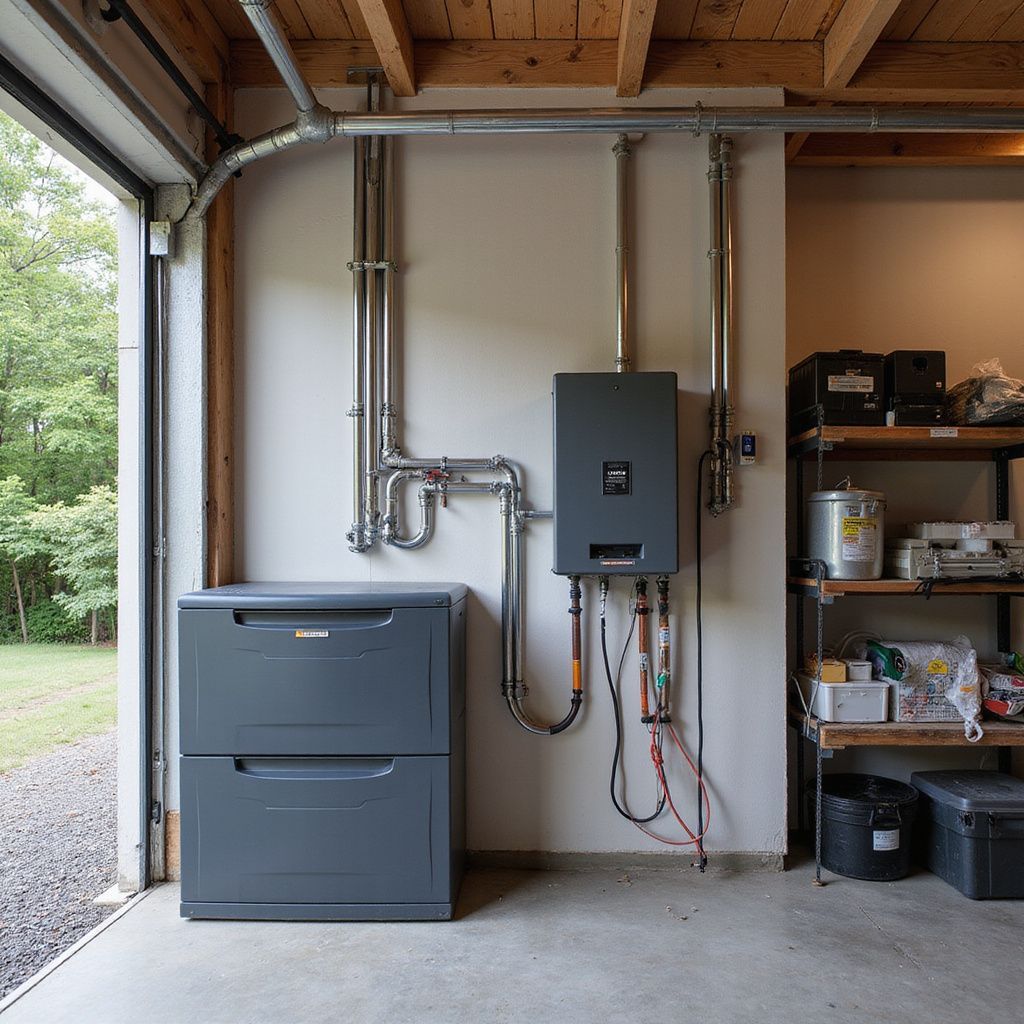 Grijswaterboiler en accu-unit geïnstalleerd in een garage met leidingen.