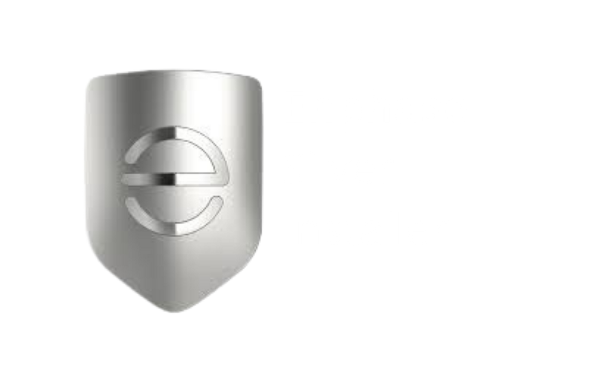 Zilverkleurig, schildvormig object met een gestileerde letter 