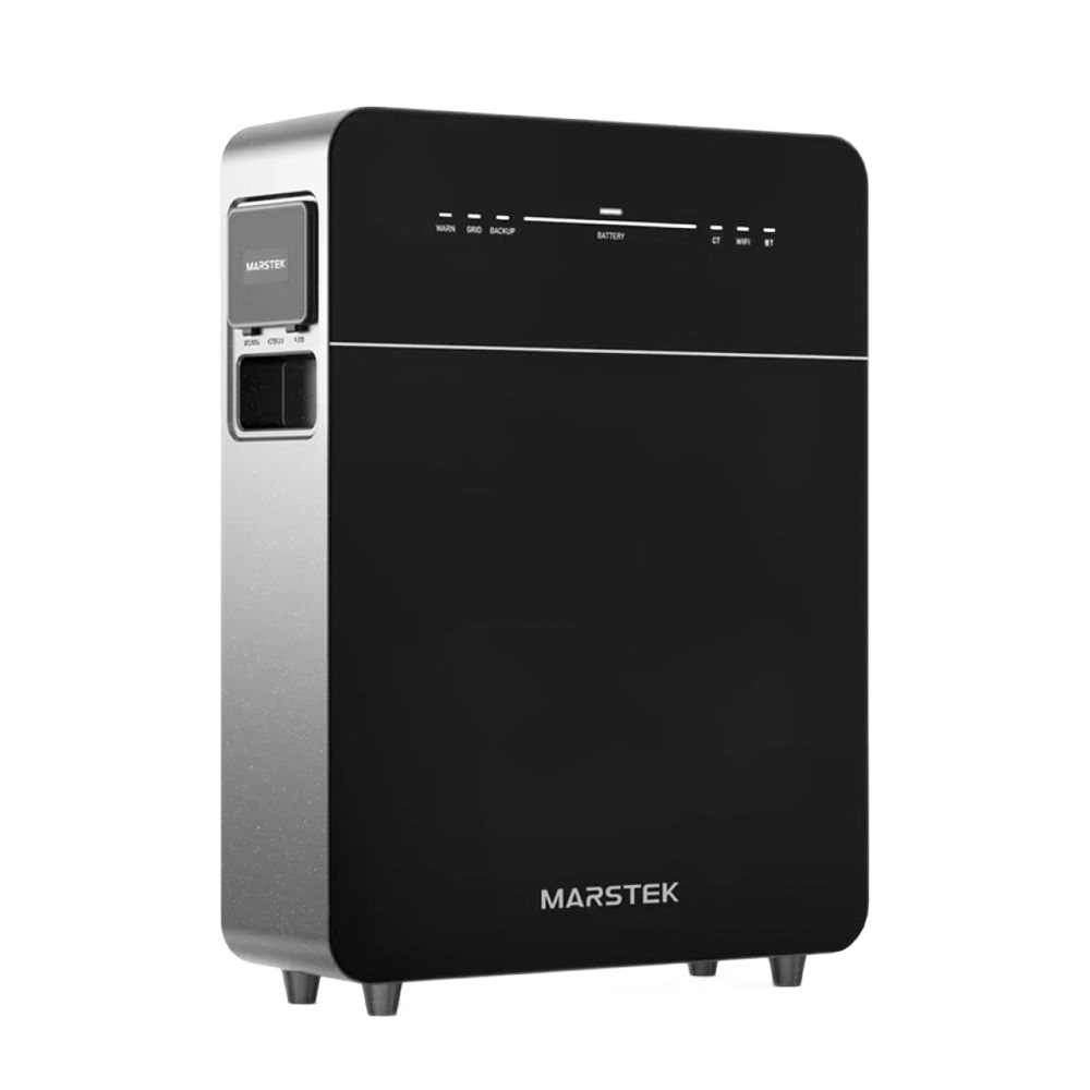 Zwarte en zilverkleurige MARSTEK thuisbatterij voor met indicatielampjes.