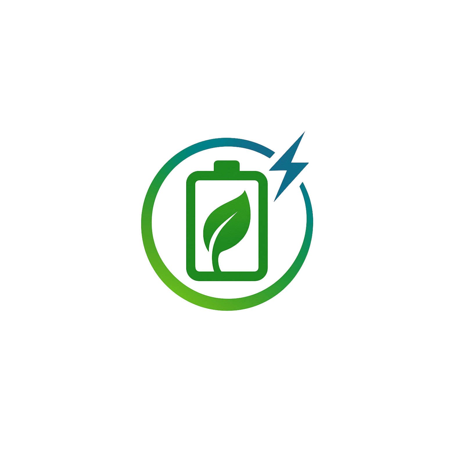 Groen batterijpictogram met een blad erin en een bliksemschicht, symbool voor milieuvriendelijke energie.