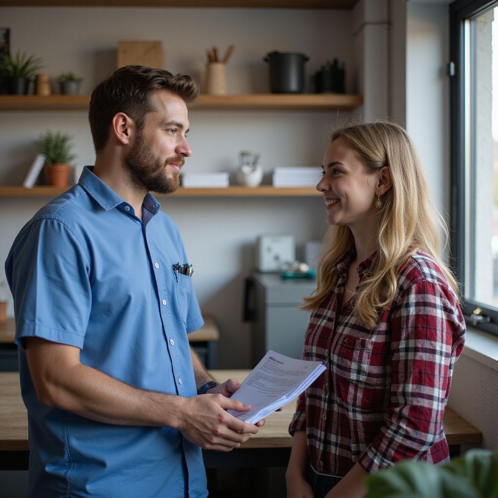 Een man in een blauw shirt en een vrouw in een geruit shirt kijken elkaar aan, terwijl de man papieren vasthoudt; ze bespreken die waarschijnlijk binnenshuis.