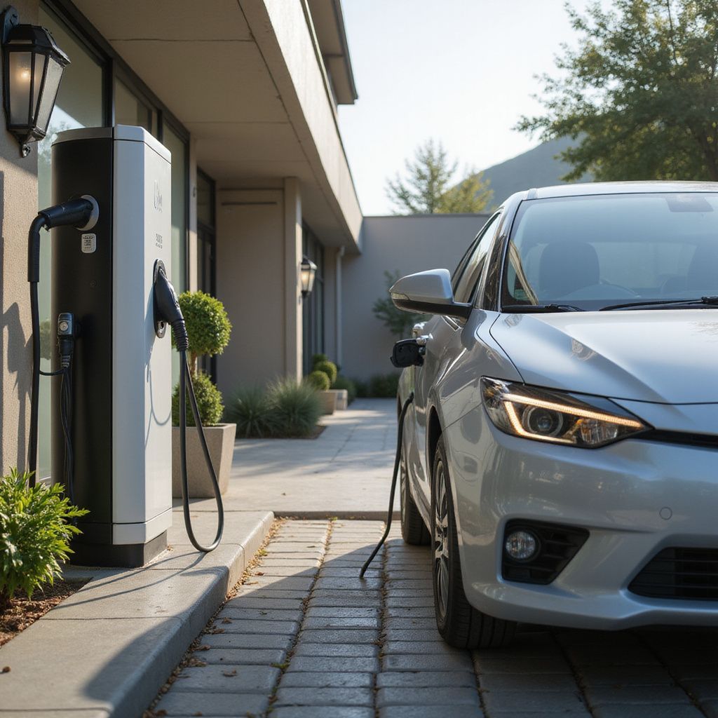 Een zilverkleurige elektrische auto die thuis wordt opgeladen, naast een laadstation.