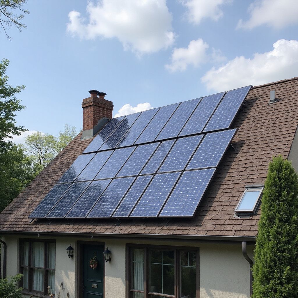 Zonnepanelen geïnstalleerd op een woonhuisdak onder een gedeeltelijk bewolkte hemel.