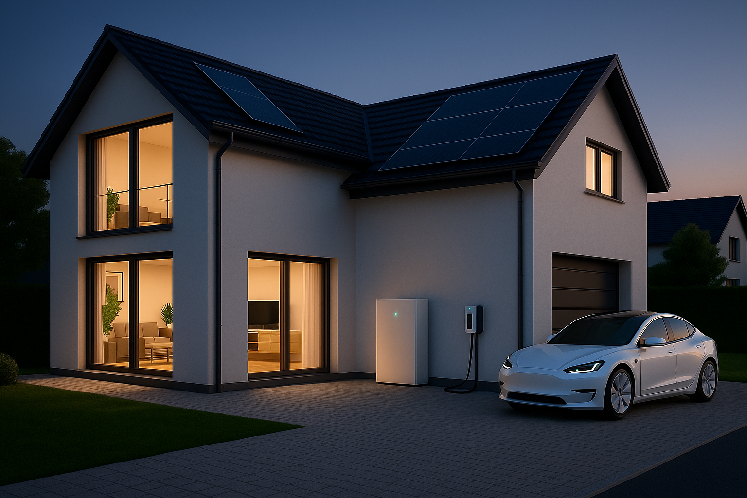 Huis bij schemering met zonnepanelen, laadpaal voor elektrische auto's en een witte elektrische auto.