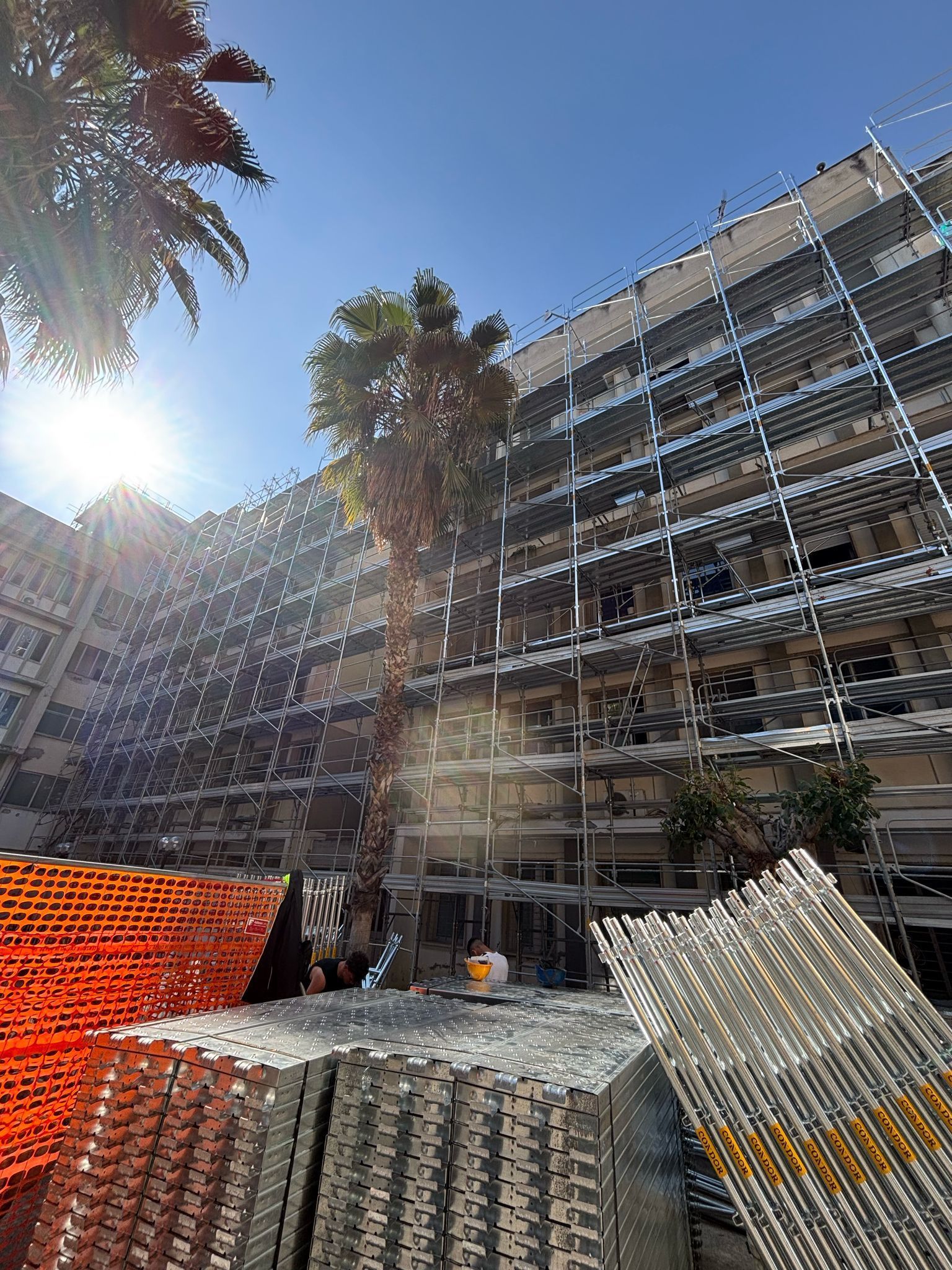 Un grande edificio in costruzione con una palma di fronte.