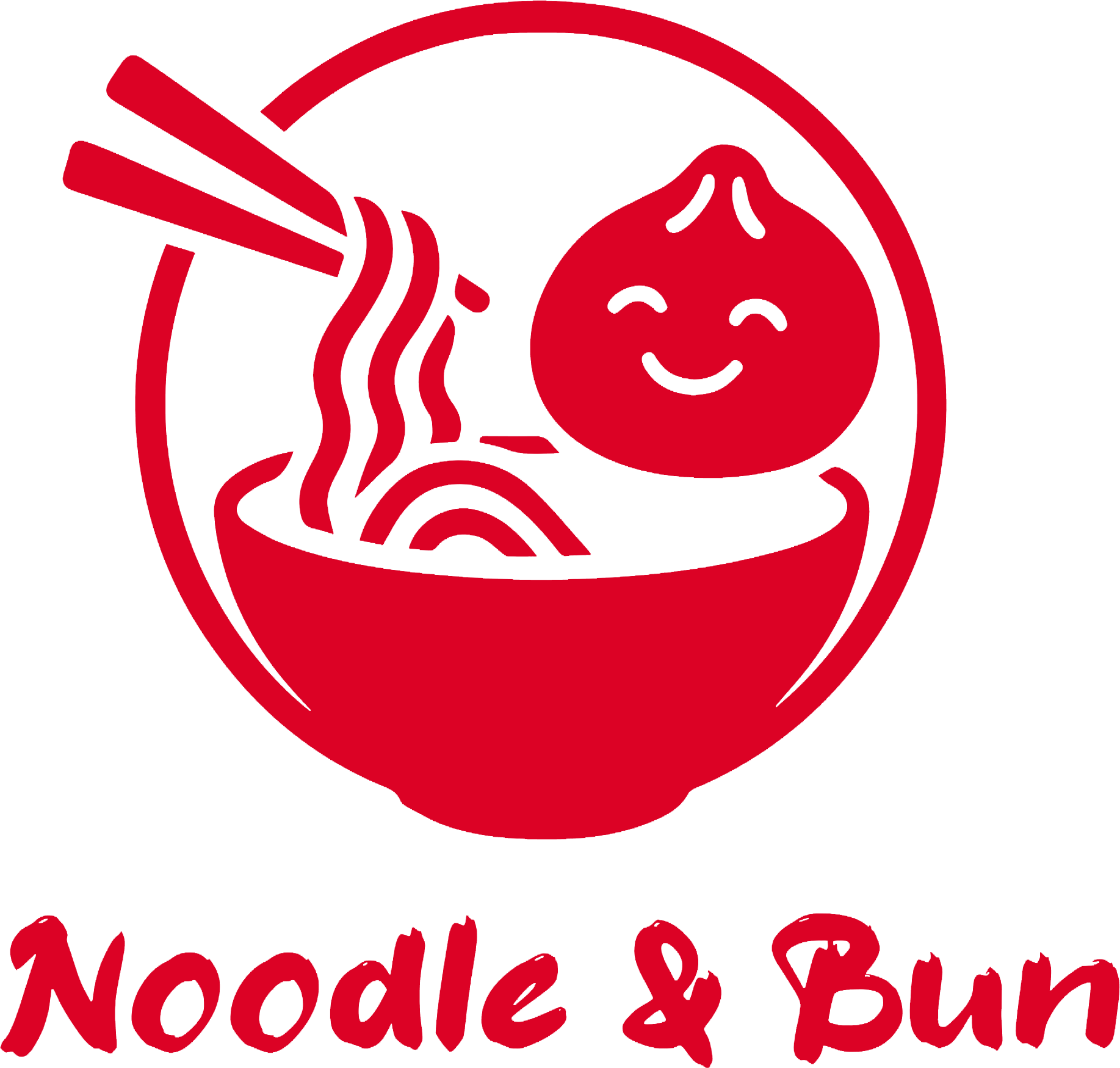 Red noodle bowl logo with a smiling dumpling and chopsticks, labeled "Noodle & Bun"