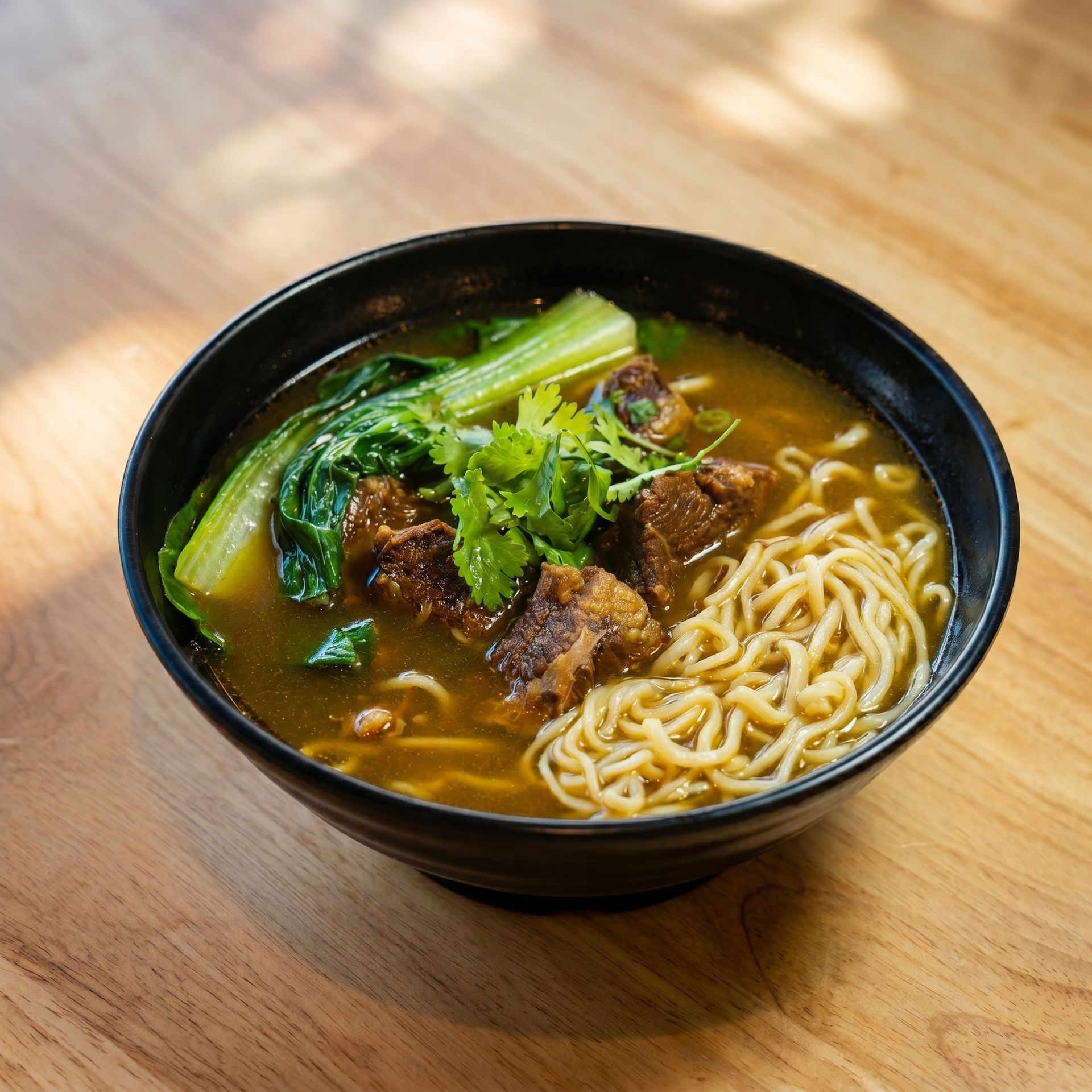 Black bowl of noodle soup with greens and beef on a wooden table