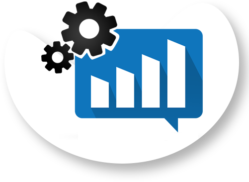 A blue speech bubble with a graph and gears on it.