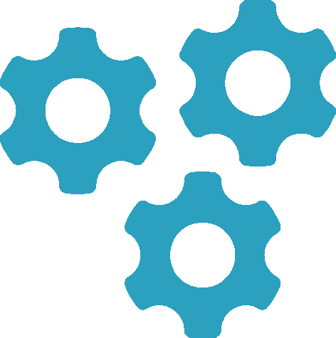 Three blue gears with white circles in the middle on a white background.