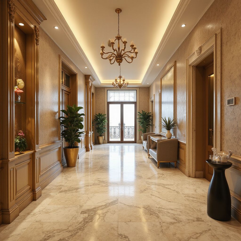 Elegant hallway with marble floors, chandeliers, and potted plants.