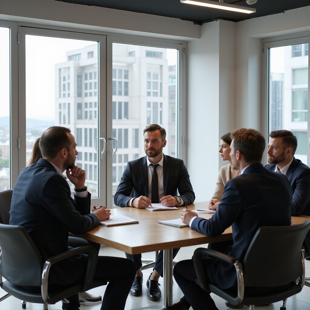 People in suits seated around a table in an office, discussing documents.