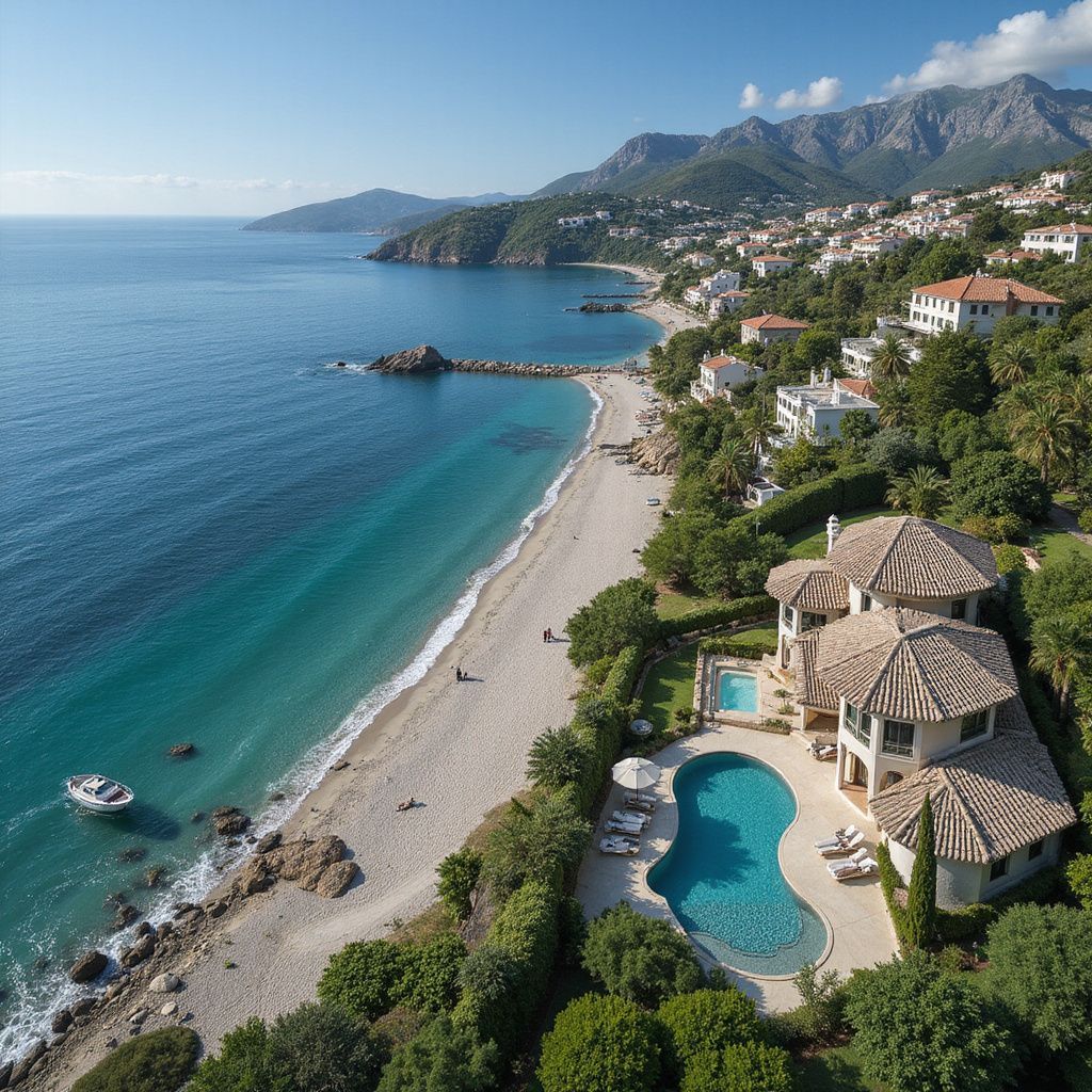 Coastal scene with a beach, turquoise water, houses, and mountains. A yacht is in the water near the beach.