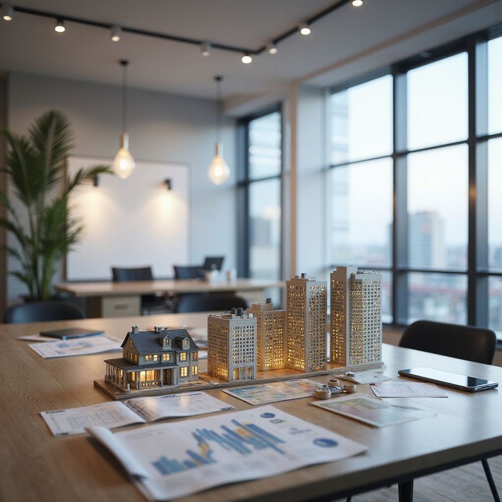 Office with building models and financial documents on a table; blurred background with large windows.