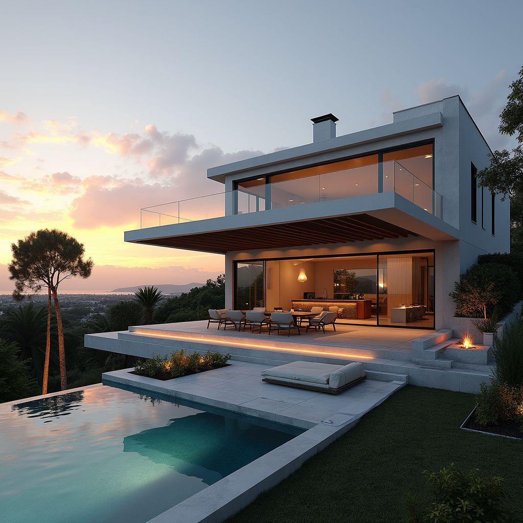 Modern house with pool overlooking a scenic landscape at sunset.