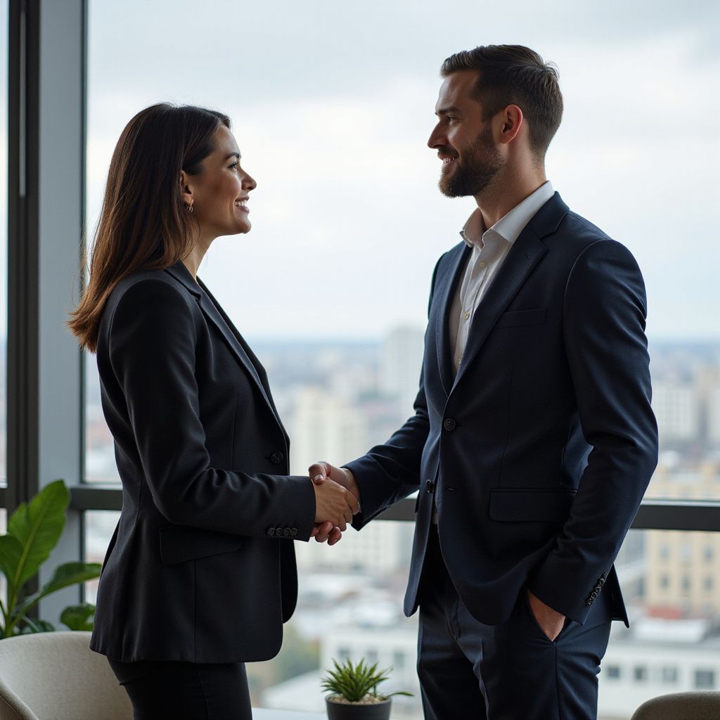 Woman and man in suits shaking hands, smiling, office with city view in background.