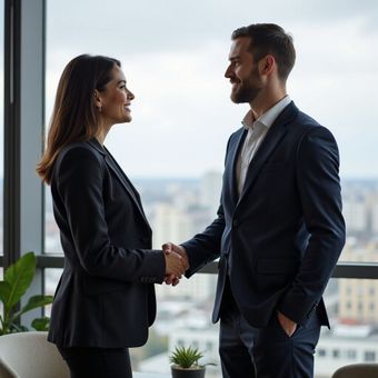 Woman and man in suits shaking hands, smiling, office with city view in background.