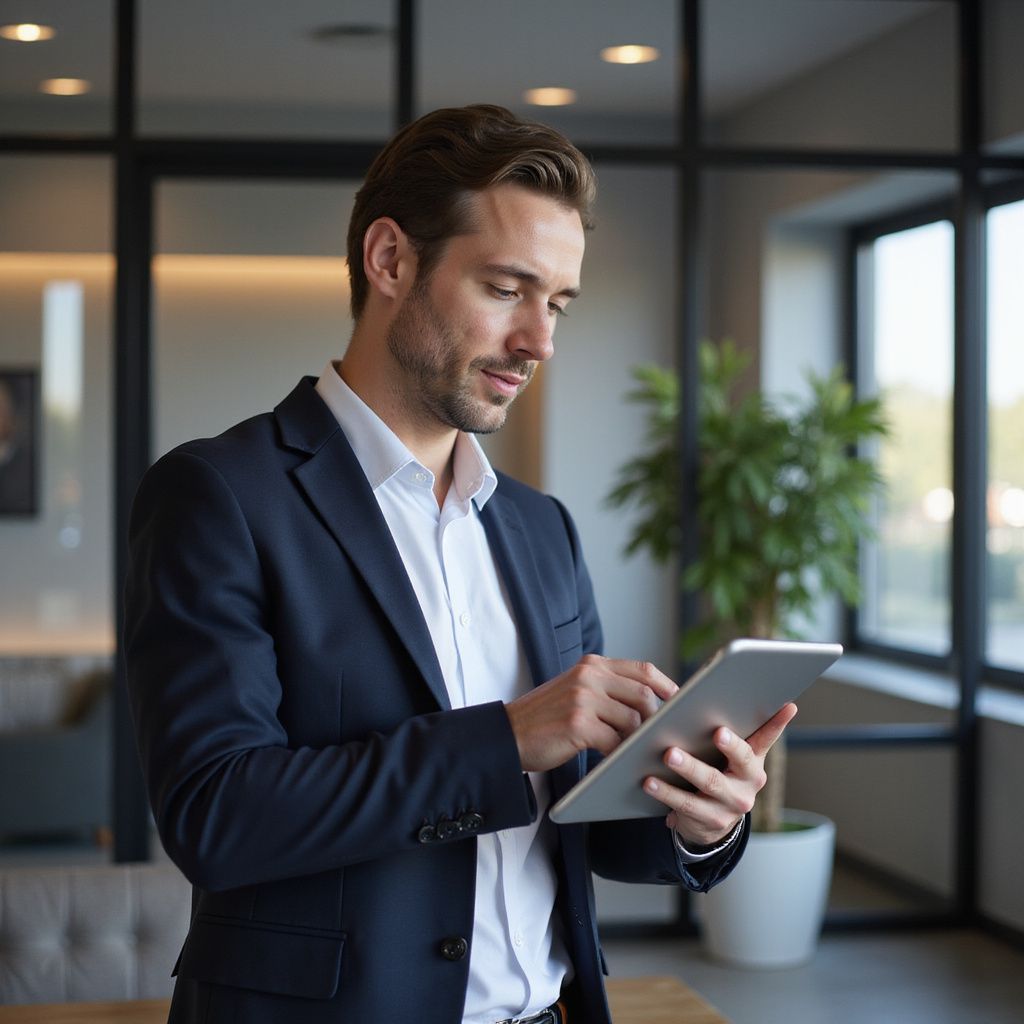 Man in suit, using a tablet in a modern office setting.