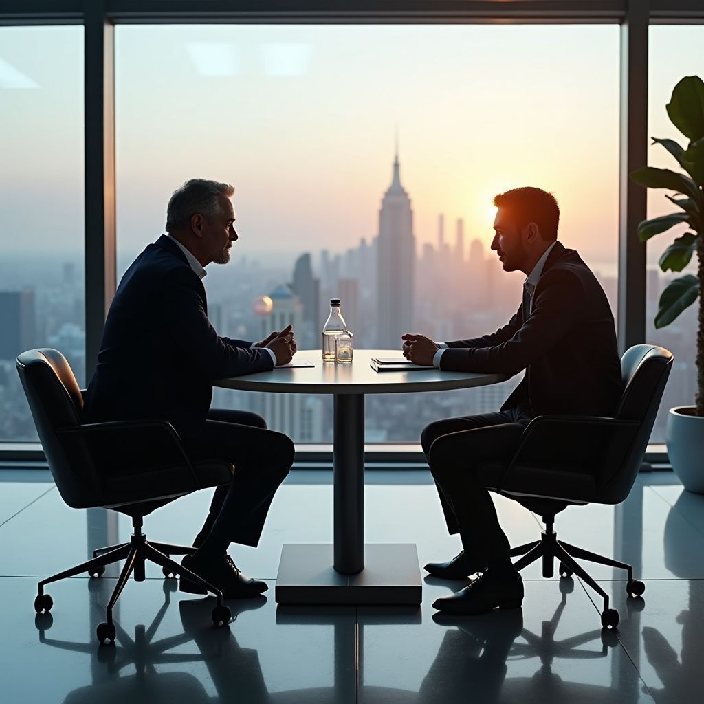 Two men in suits seated at a table in a high-rise office, discussing, with a city skyline view.