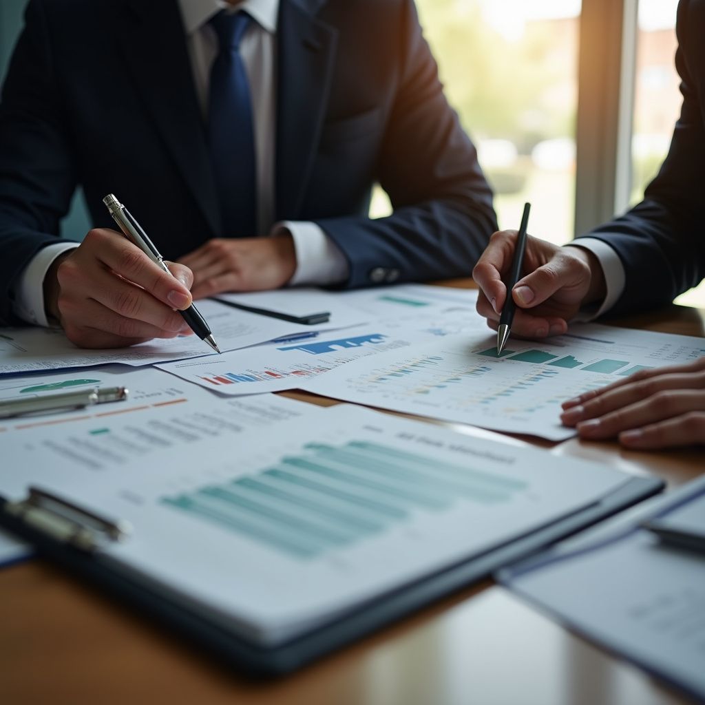 Two people in suits analyzing charts and graphs with pens at a table.
