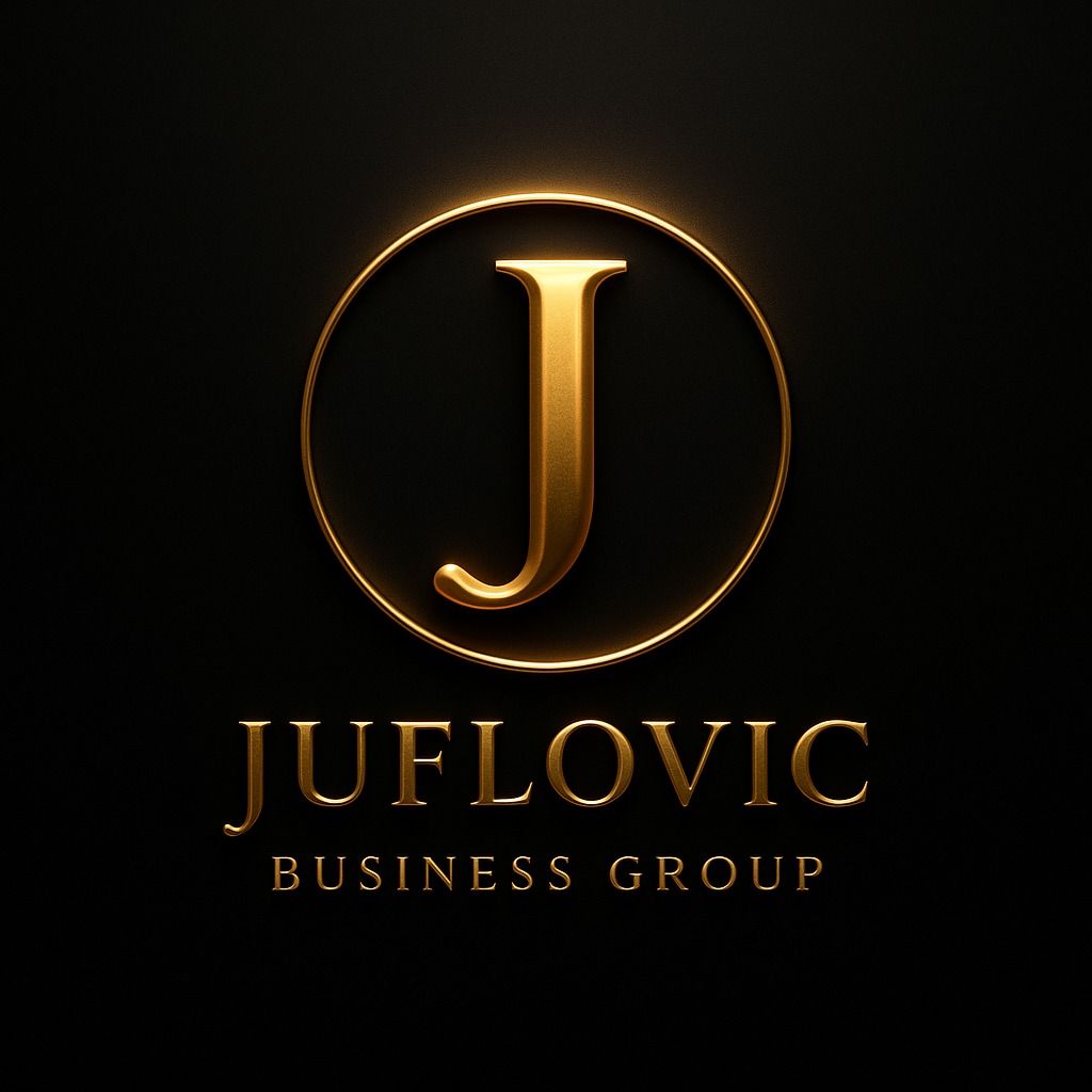 Logo for Juflovic Business Real Estate. Text in gold and white with a skyline illustration.