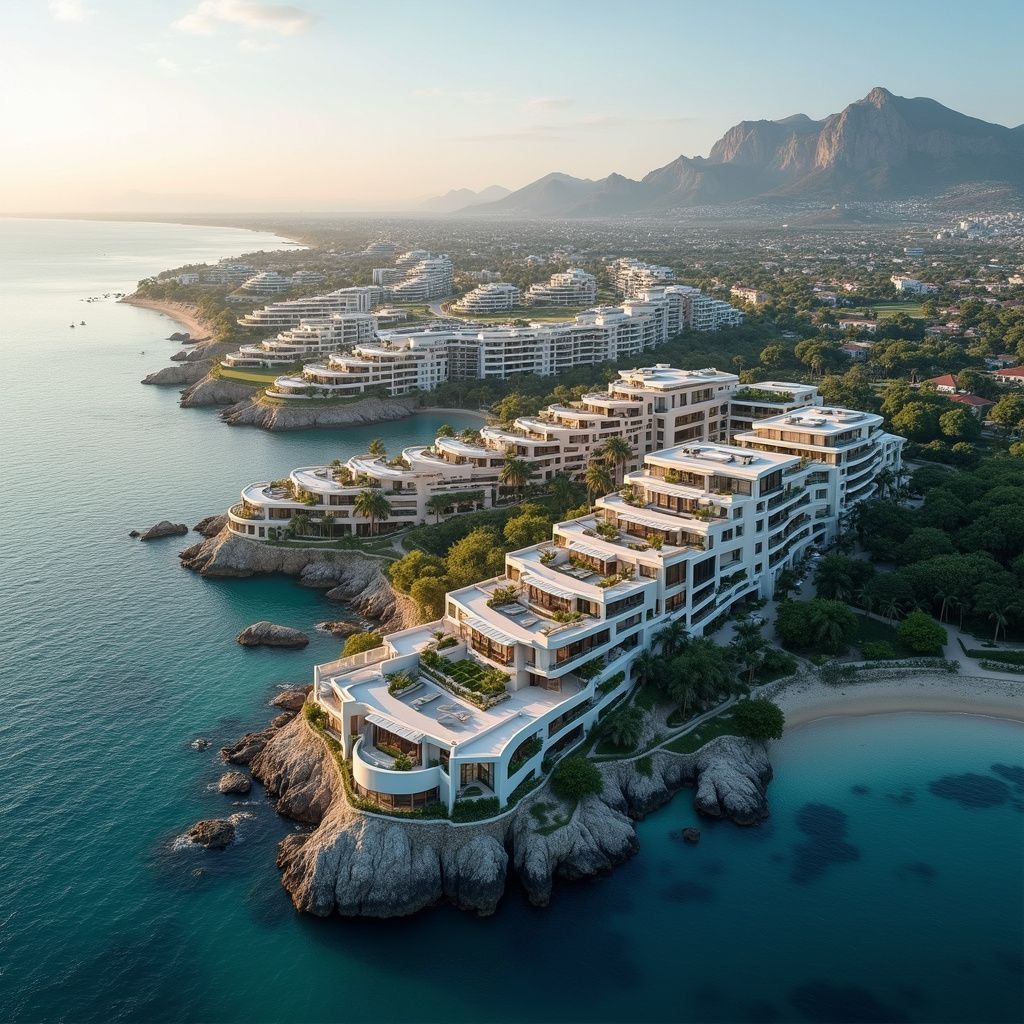 Modern white buildings with terraces on a rocky coastline, with ocean and distant mountains.