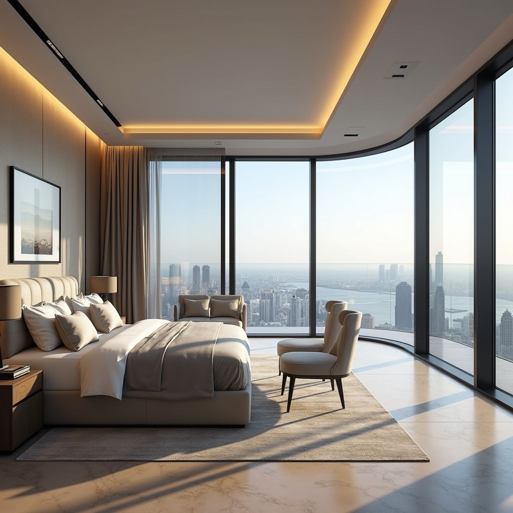 Bedroom with a large bed, chairs, and floor-to-ceiling windows overlooking a cityscape.