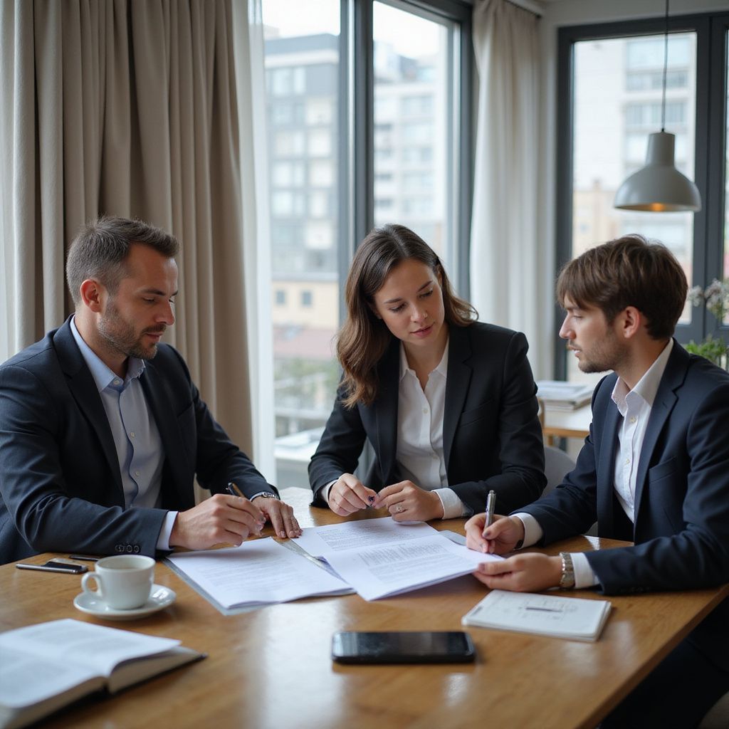 Three people in suits reviewing documents at a table. Sunlight streams in a window behind them.
