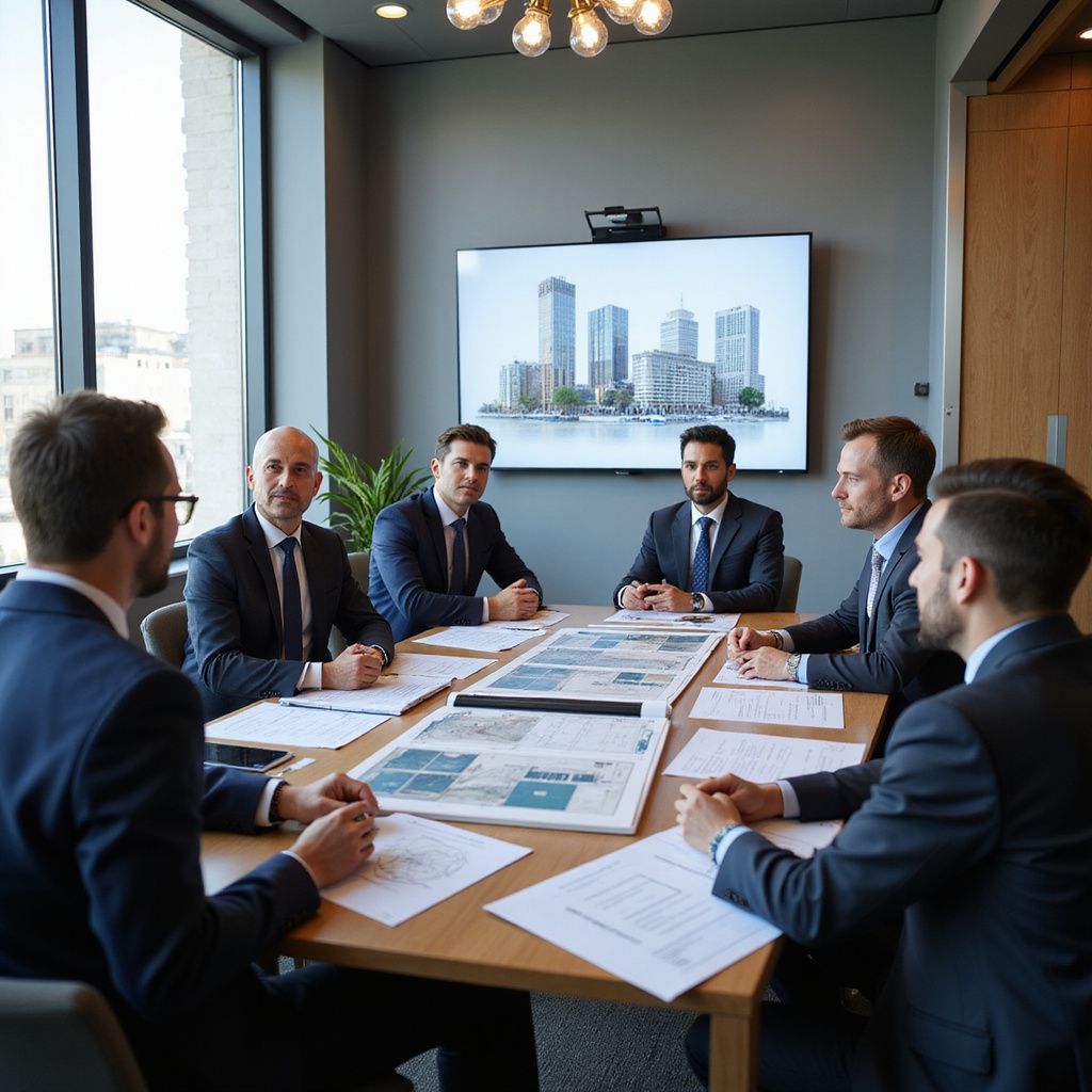 Men in suits seated around a conference table with papers, looking at a screen displaying a city.