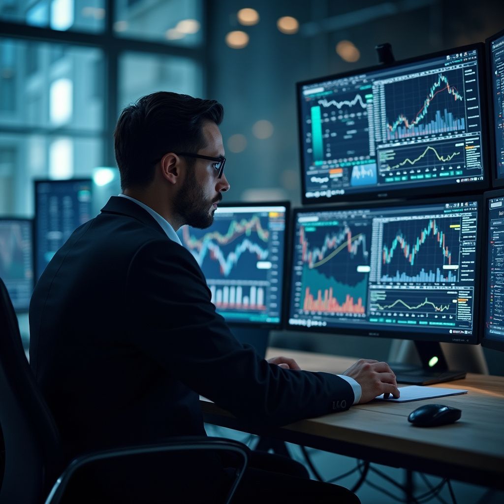 Man in suit at desk, monitors display stock charts.