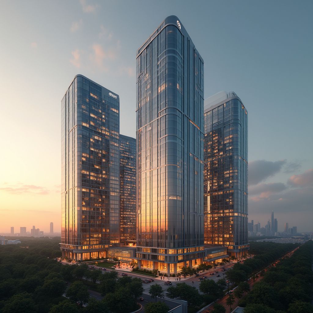 Skyscrapers at sunset, reflecting the sky. Buildings have glass facades and are surrounded by trees and a city skyline.