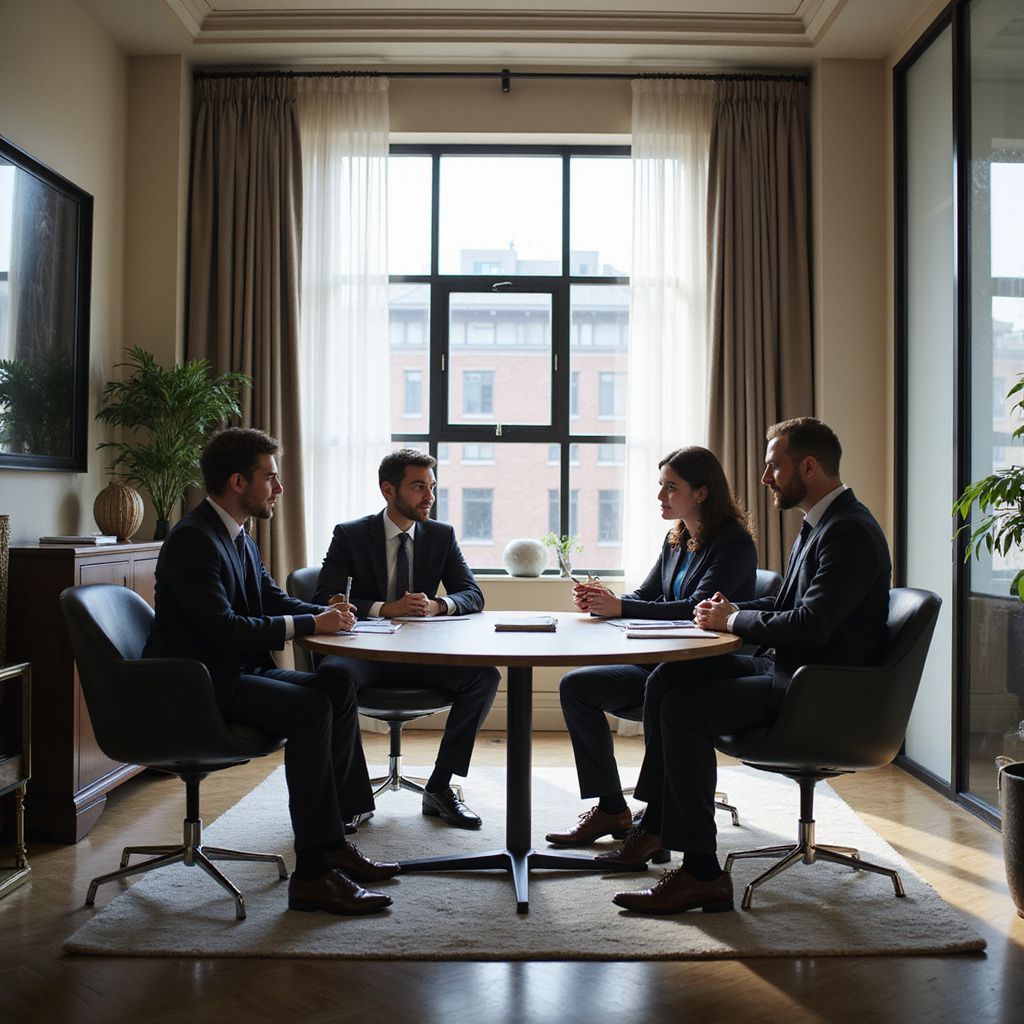 Four people in suits sit around a round table in an office, discussing work.