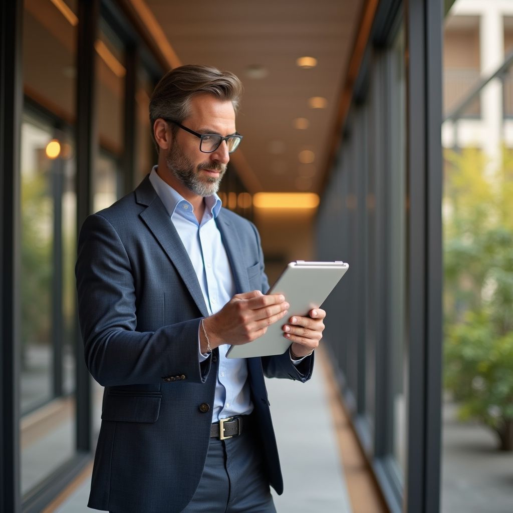 Man in suit looking at tablet in a hallway, natural light.