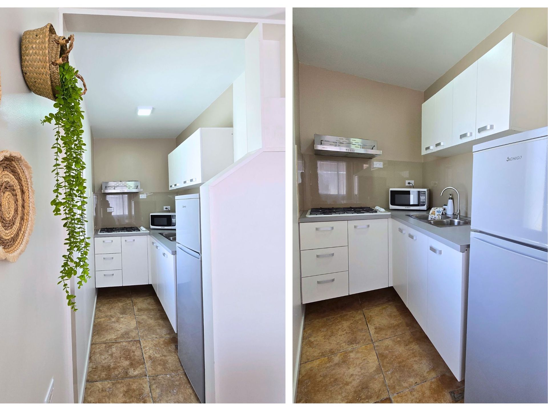 A kitchen with a stove , sink , refrigerator and microwave.