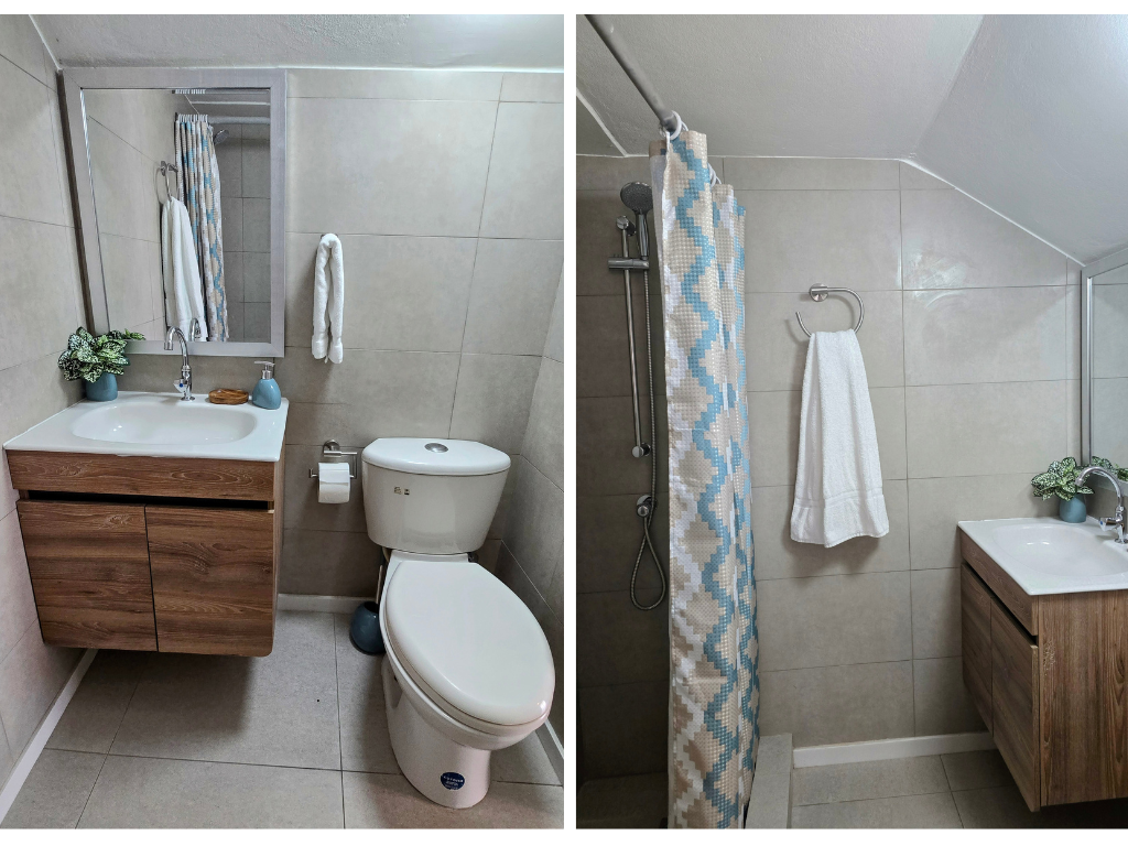 A bathroom with a toilet , sink and shower.