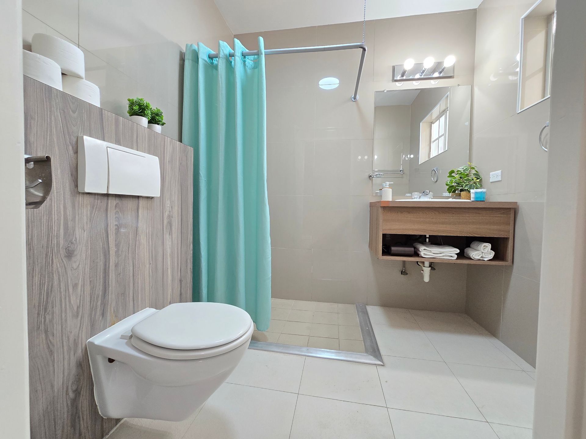 A bathroom with a toilet , sink , shower and mirror.