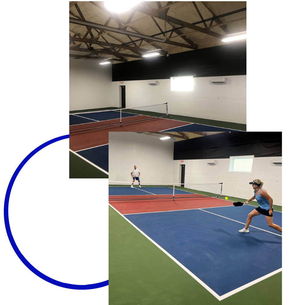 two women are playing a game of pickeball