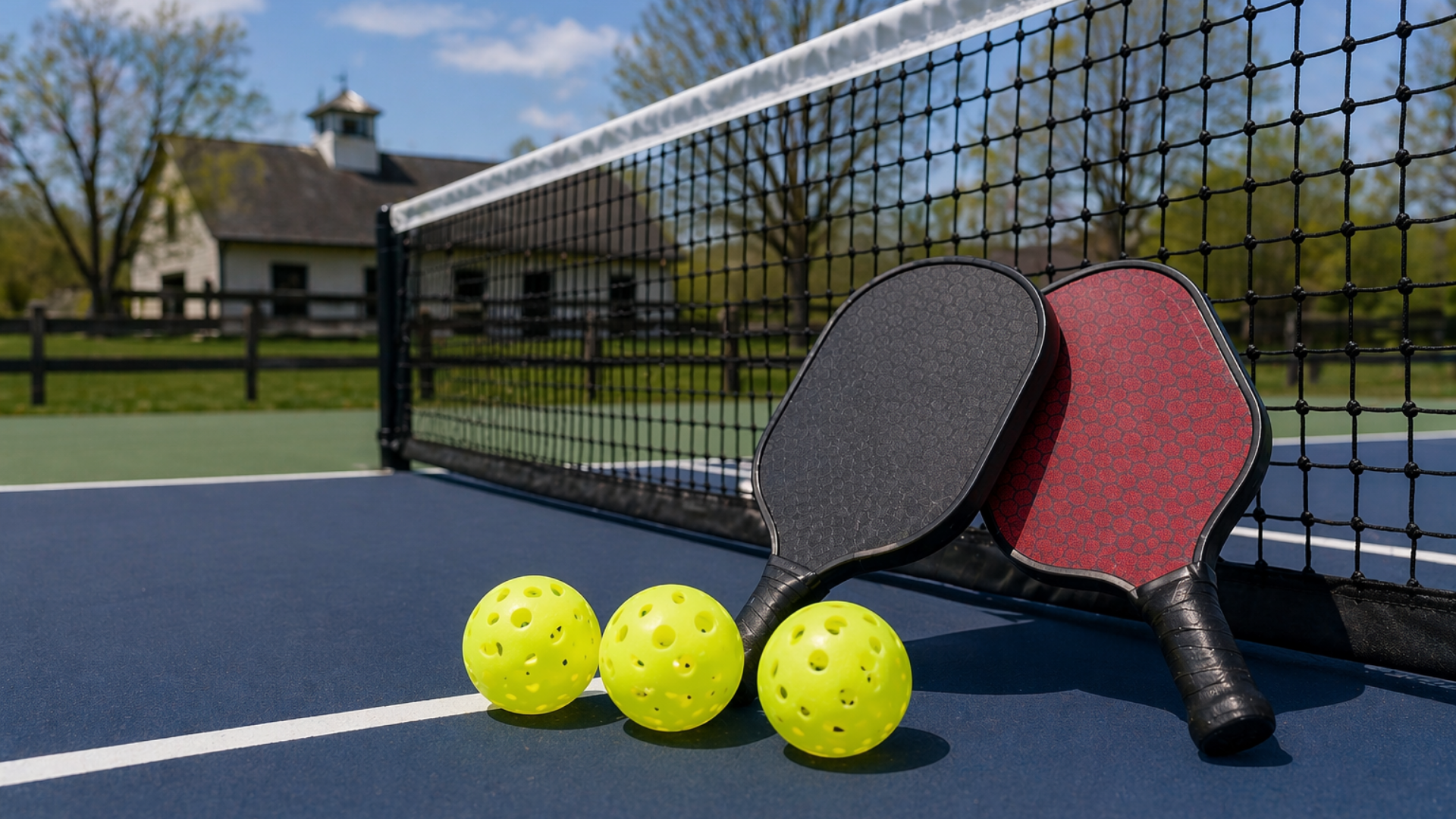 Padel court with two paddles and three yellow balls near the net