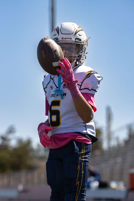 Football players in action on a grassy field; one runs with the ball, pursued by two opponents.