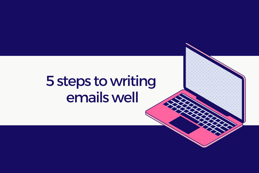 Ultimate Proofs guide to copywriting. Person typing on a laptop with the text '5 steps to perfect emails' 