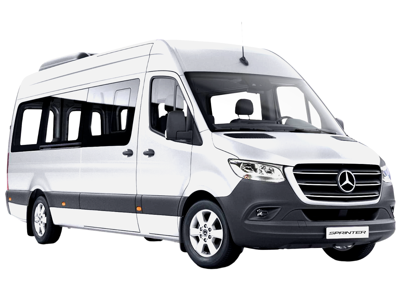 A white mercedes sprinter van with a black grille on a white background.