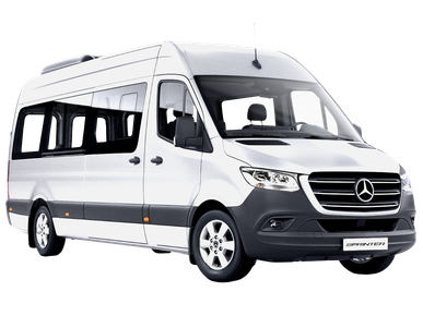 A white mercedes sprinter van with a black grille on a white background.