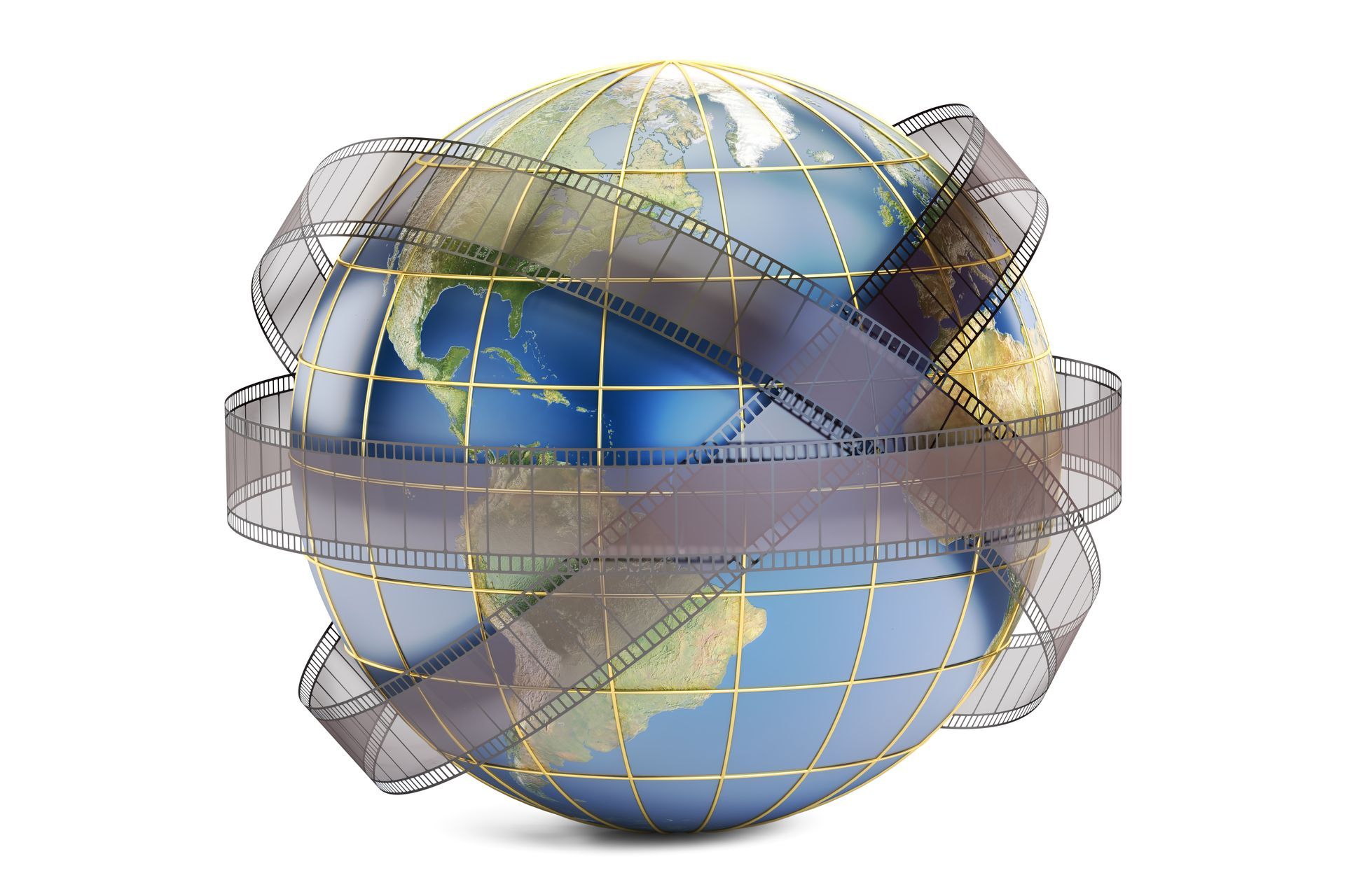 Globe wrapped in film, symbolizing challenges in global film and tv releases
