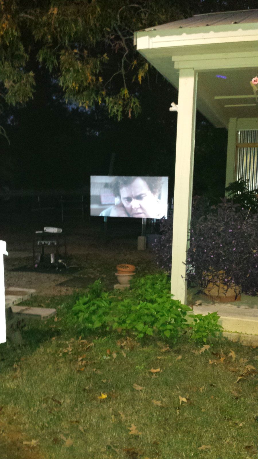 A large screen projects a person's face outside a house at night. Green grass and bushes in front.