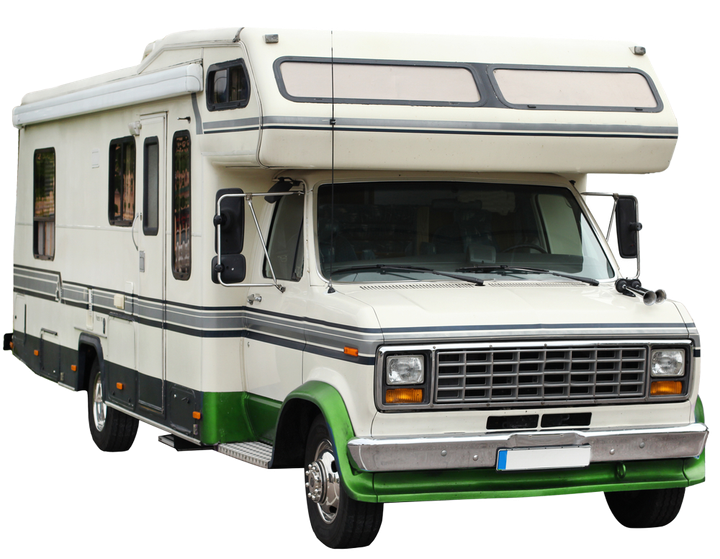 White RV with green accents, parked on a surface.