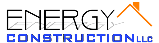 Logo for "Energy Construction LLC" featuring black text, blue text, and an orange house roof icon.