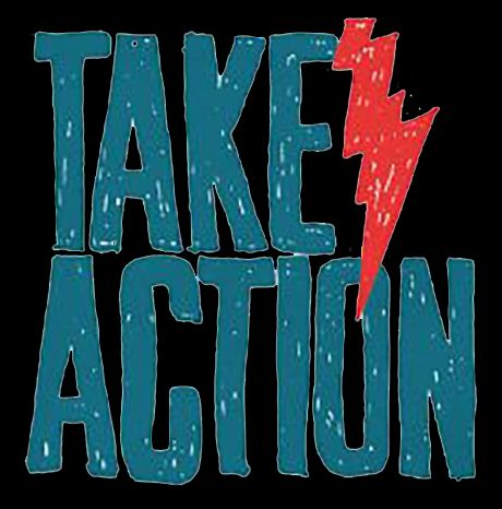 A logo for take action with a lightning bolt in the middle
