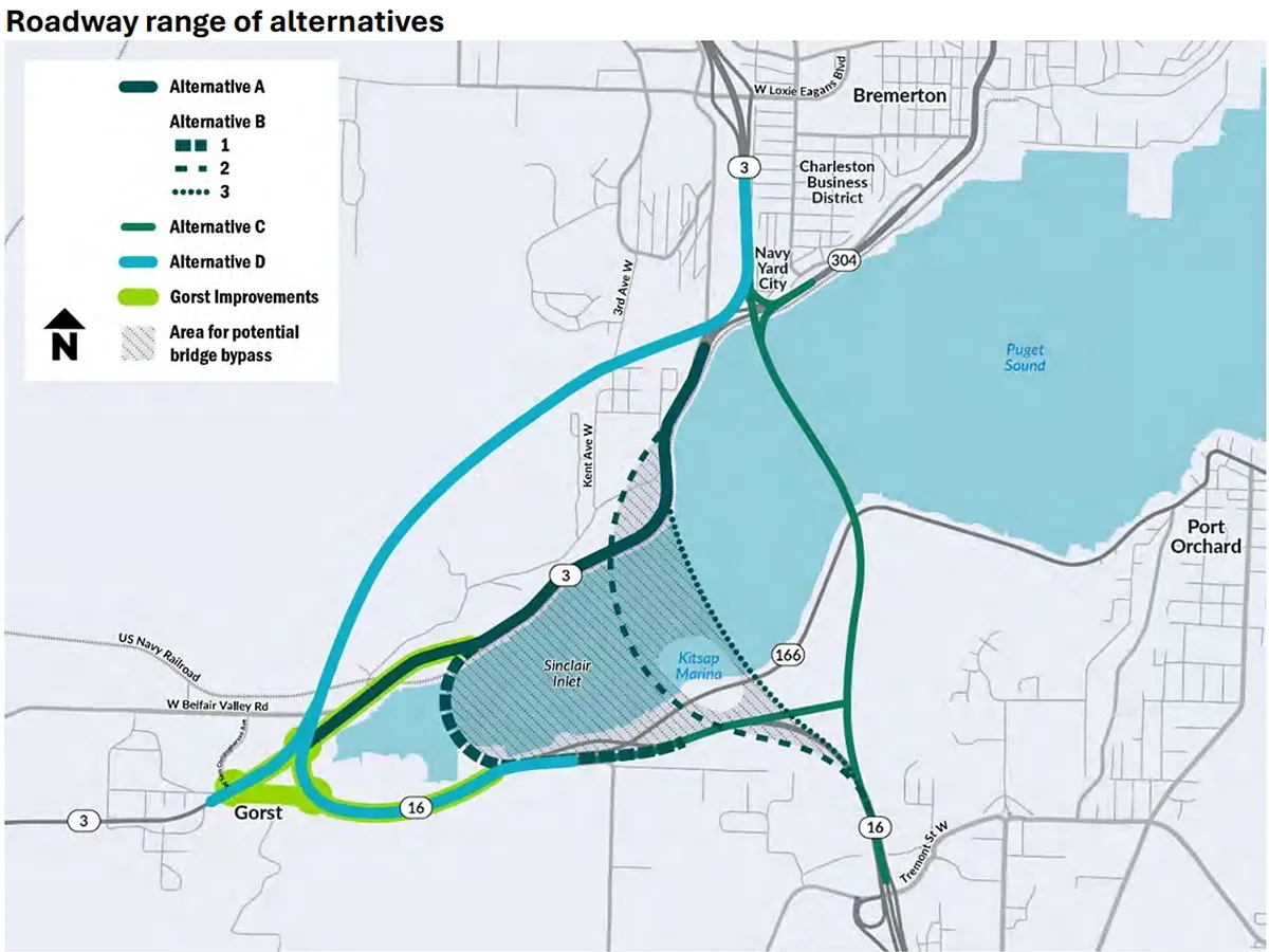 Map of alternative routes through Gorst area