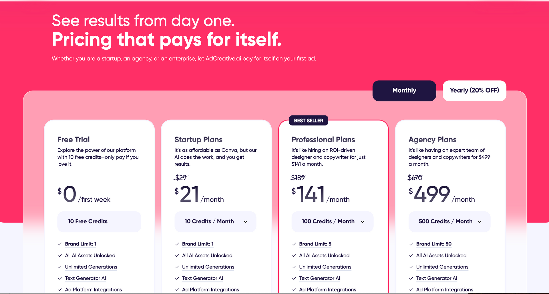 a screenshot of a pricing page that says see results from day one pricing that pays for itself