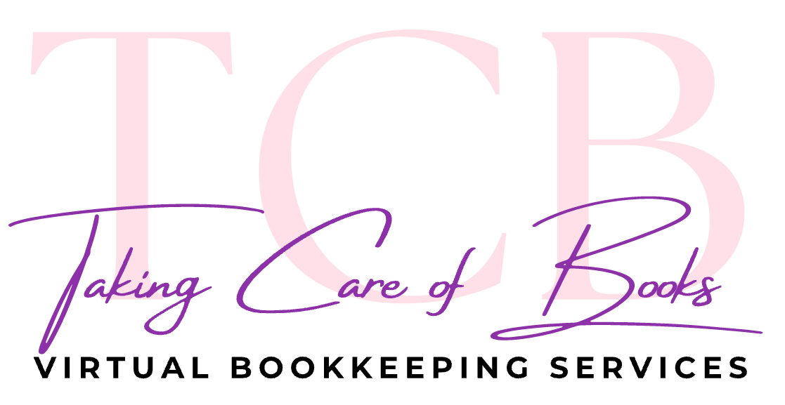 Logo for Taking Care of Books: Pink "TCB" overlaying purple script "Taking Care of Books